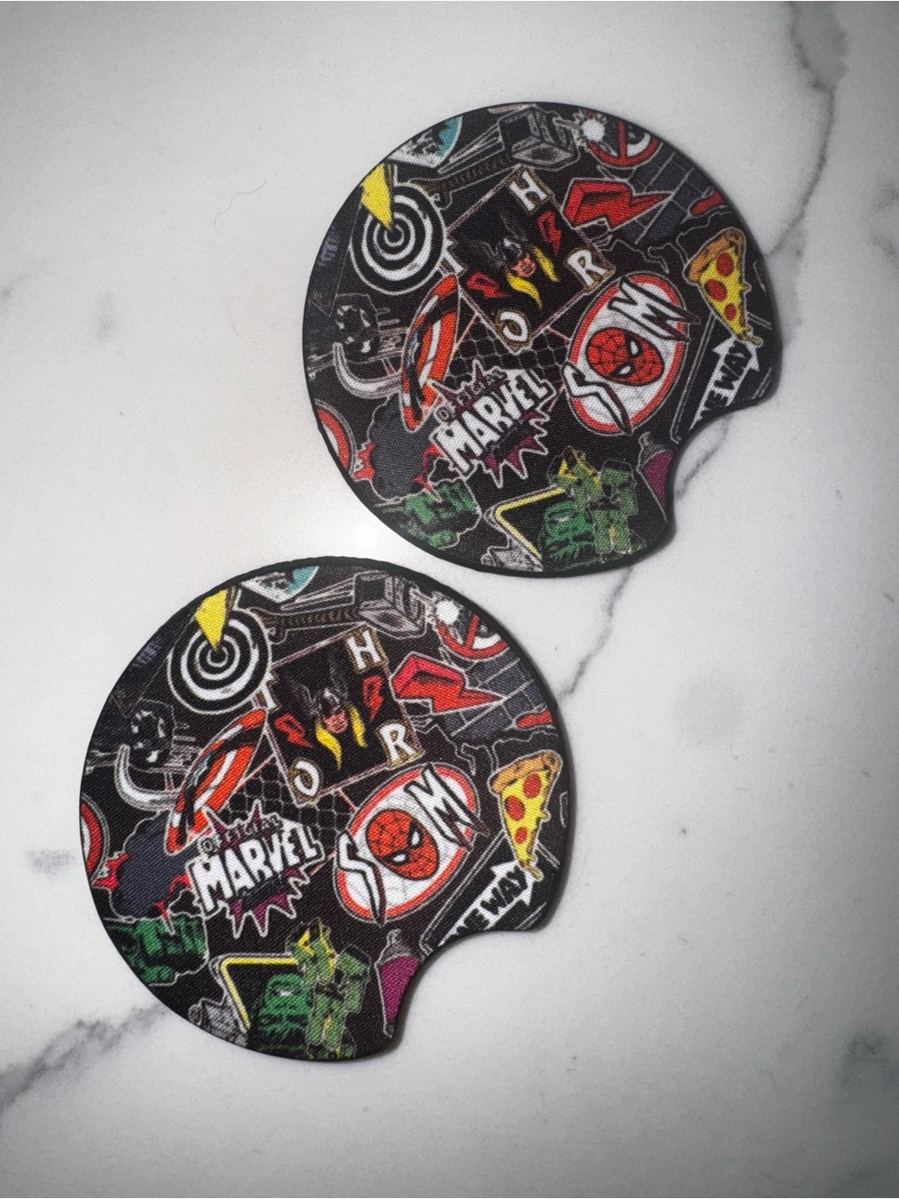 Superhero Black Round Car Coaster Set